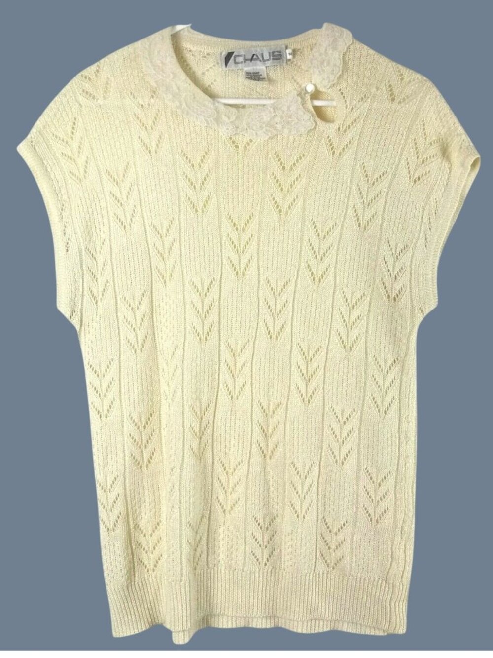 Chaus Vintage Lace Neck Pointelle Sleeveless Sweater Womens M Yellow Twee Boho